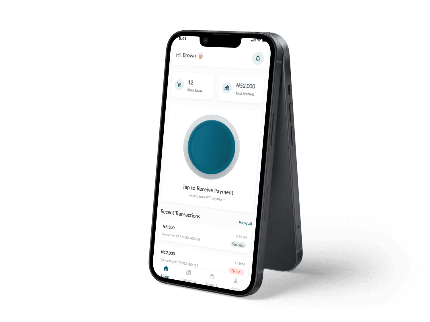 Evrytin mobile app interface showing transactions and payment status